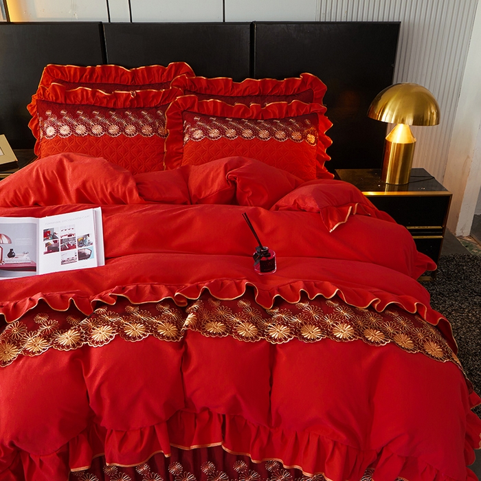 91家纺网 家纺一手货源 找家纺 罗艺轩 2024新款A类蛋白棉夹棉床裙四件套-品味人生 品味人生-中国红