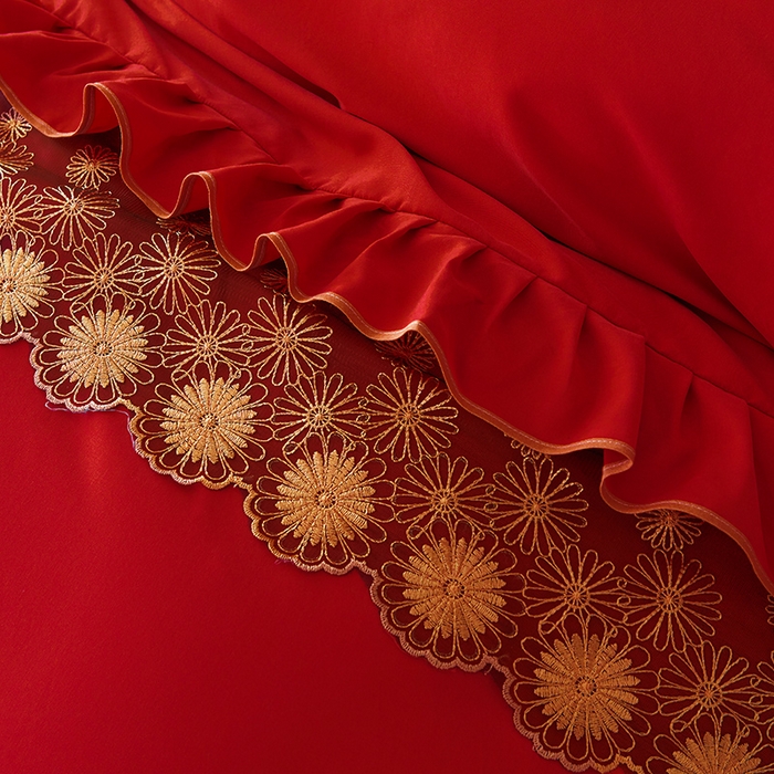 91家纺网 家纺一手货源 找家纺 罗艺轩 2024新款A类蛋白棉夹棉床裙四件套-品味人生 品味人生-中国红