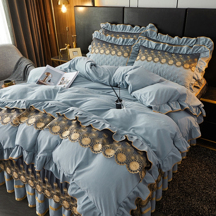 91家纺网 家纺一手货源 找家纺 罗艺轩 2024新款A类蛋白棉夹棉床裙四件套-品味人生 品味人生-湖蓝