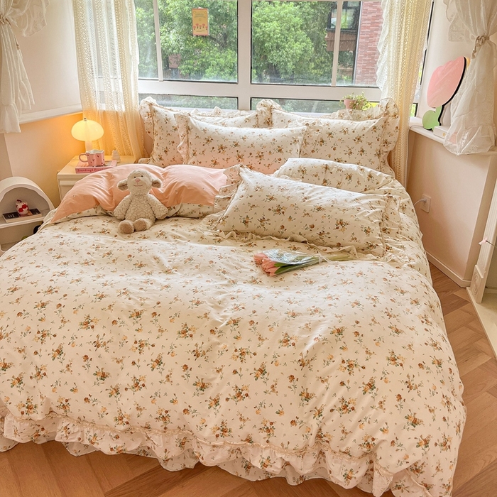 91家纺网 家纺一手货源 找家纺 艾唯希家纺 2024新款全棉韩式花边四件套纯棉公主风田园系列 浅安