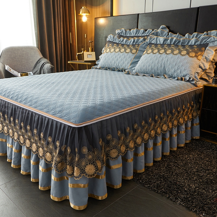 91家纺网 家纺一手货源 找家纺 罗艺轩 2024新款A类蛋白棉夹棉床裙-品味人生 品味人生-湖蓝