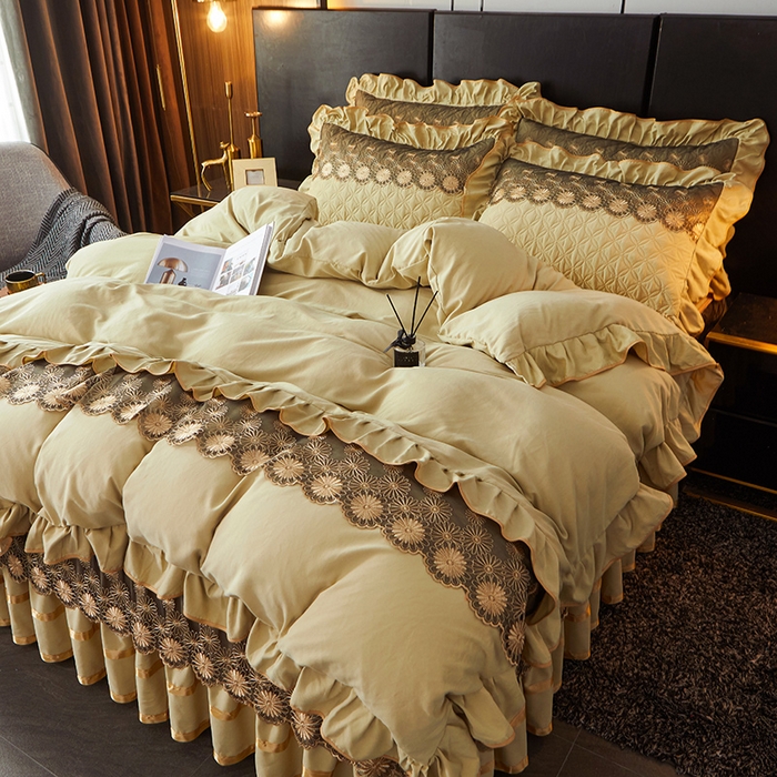 91家纺网 家纺一手货源 找家纺 罗艺轩 2024新款A类蛋白棉夹棉床裙四件套-品味人生 品味人生-黄绿