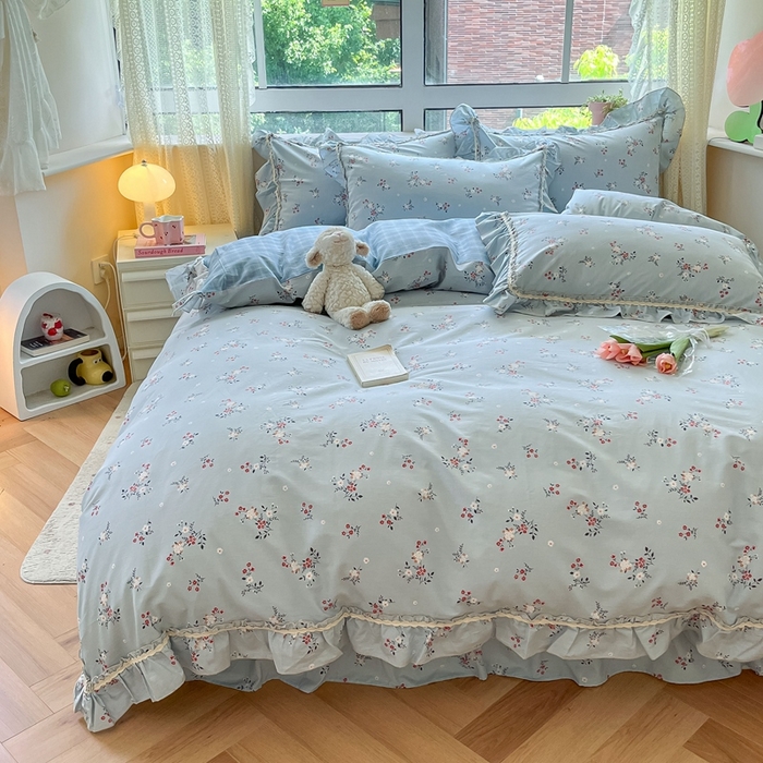 91家纺网 家纺一手货源 找家纺 艾唯希家纺 2024新款全棉韩式花边四件套纯棉公主风田园系列 点点花海