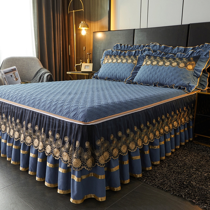 91家纺网 家纺一手货源 找家纺 罗艺轩 2024新款A类蛋白棉夹棉床裙-品味人生 品味人生-宝蓝