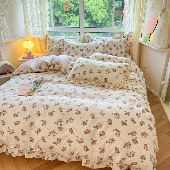 91家纺网 家纺一手货源 找家纺 艾唯希家纺 2024新款全棉韩式花边四件套纯棉公主风田园系列 伊梦