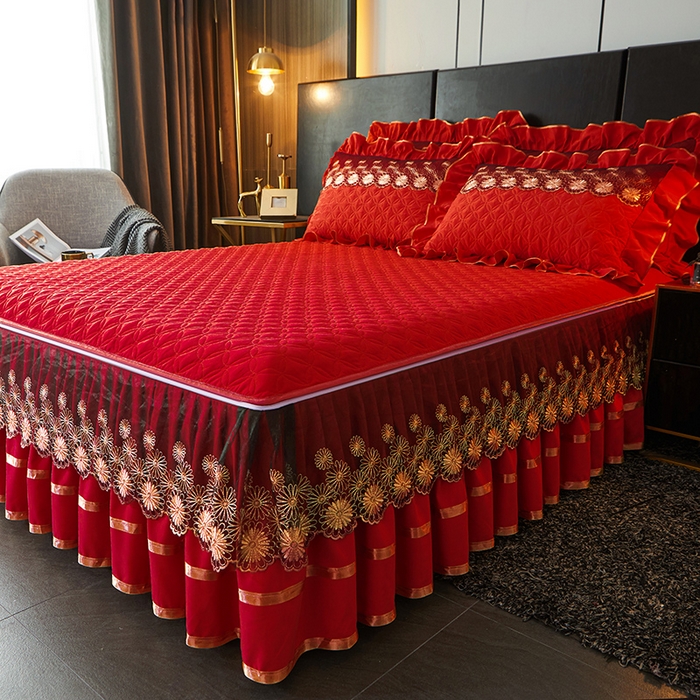 91家纺网 家纺一手货源 找家纺 罗艺轩 2024新款A类蛋白棉夹棉床裙-品味人生 品味人生-中国红