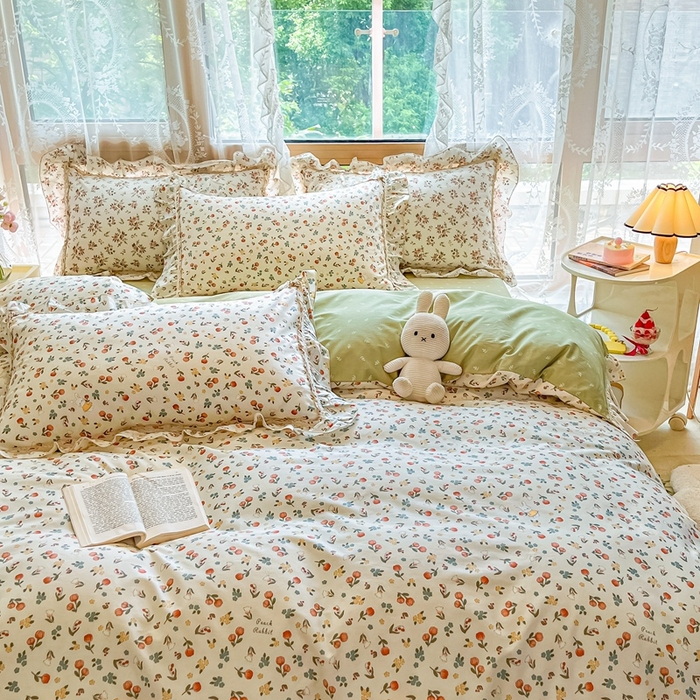 91家纺网 家纺一手货源 找家纺 艾唯希家纺 2024新款全棉韩式花边四件套纯棉公主风田园系列 元气花海