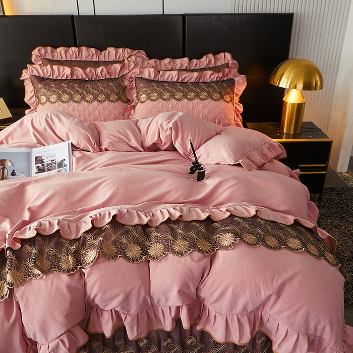 91家纺网 家纺一手货源 找家纺 罗艺轩 2024新款A类蛋白棉夹棉床裙四件套-品味人生 品味人生-豆沙红