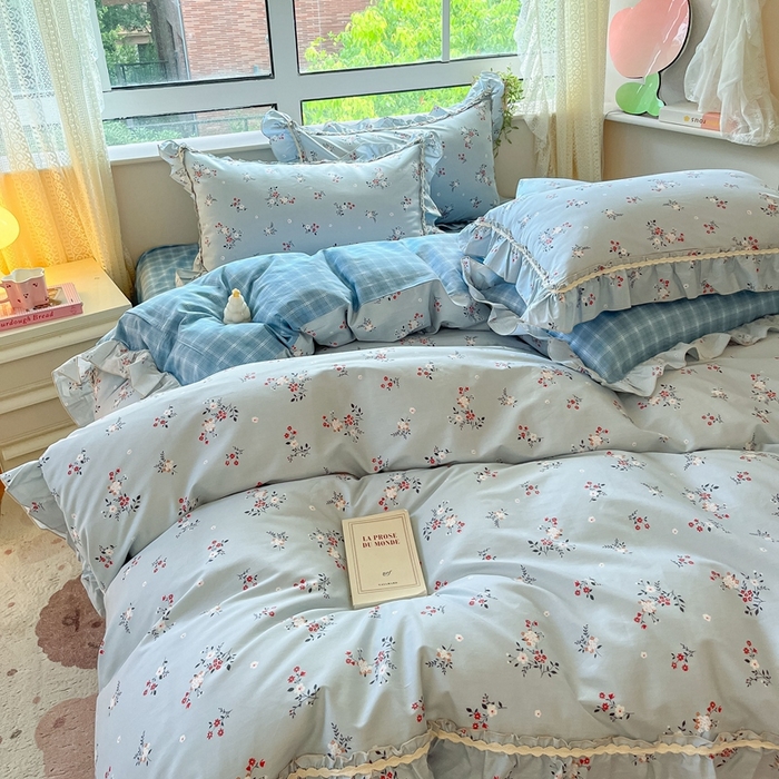 91家纺网 家纺一手货源 找家纺 艾唯希家纺 2024新款全棉韩式花边四件套纯棉公主风田园系列 点点花海