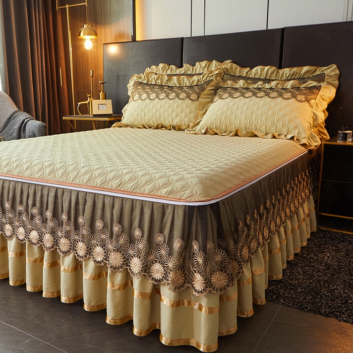 91家纺网 家纺一手货源 找家纺 罗艺轩 2024新款A类蛋白棉夹棉床裙-品味人生 品味人生-黄绿