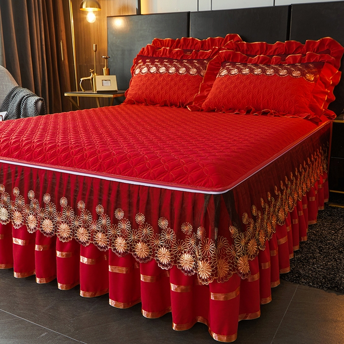 91家纺网 家纺一手货源 找家纺 罗艺轩 2024新款A类蛋白棉夹棉床裙-品味人生 品味人生-中国红