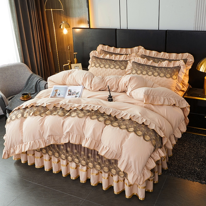 91家纺网 家纺一手货源 找家纺 罗艺轩 2024新款A类蛋白棉夹棉床裙四件套-品味人生 品味人生-香槟