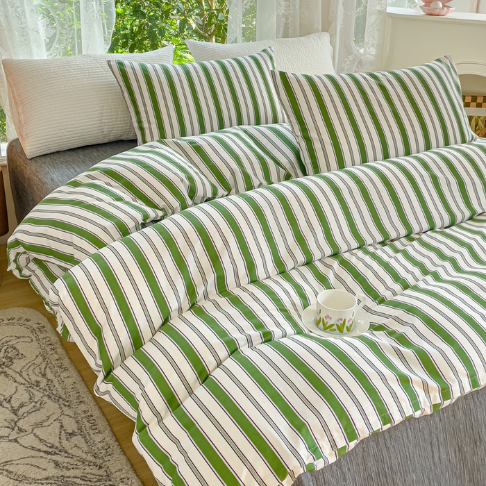 91家纺网 家纺一手货源 找家纺 感遇家纺 2023新款全棉印花四件套 绿条纹