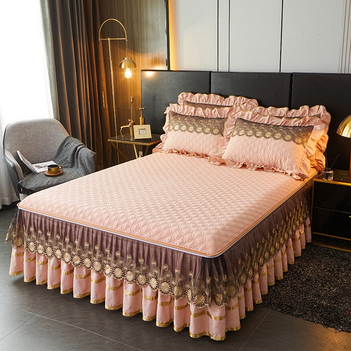 91家纺网 家纺一手货源 找家纺 罗艺轩 2024新款A类蛋白棉夹棉床裙-品味人生 品味人生-樱花粉