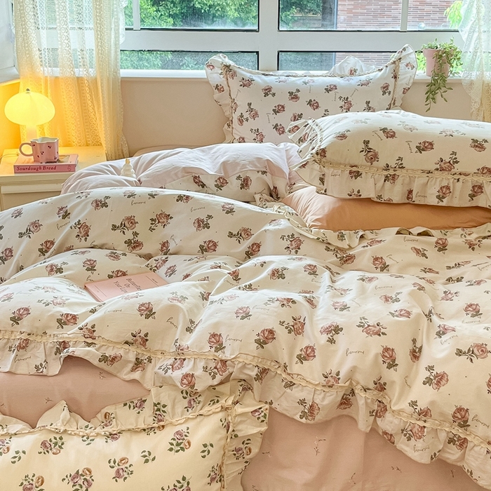 91家纺网 家纺一手货源 找家纺 艾唯希家纺 2024新款全棉韩式花边四件套纯棉公主风田园系列 伊梦