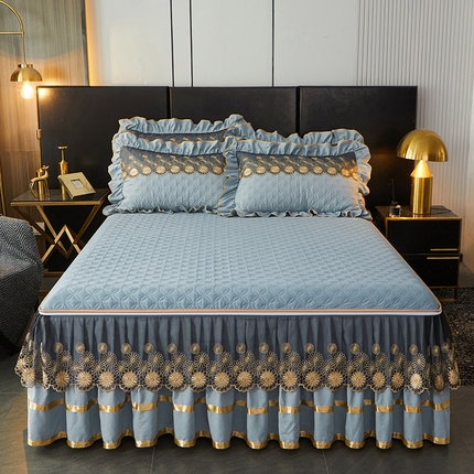 91家纺网 家纺一手货源 找家纺 罗艺轩 2024新款A类蛋白棉夹棉床裙-品味人生 品味人生-湖蓝