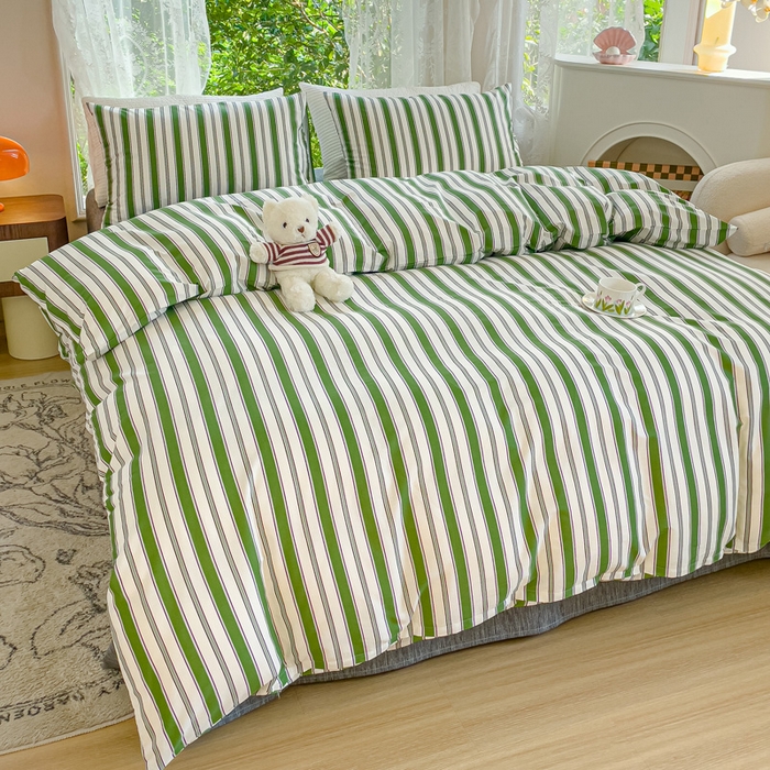 91家纺网 家纺一手货源 找家纺 感遇家纺 2023新款全棉印花四件套 绿条纹