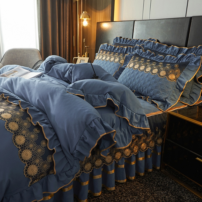 91家纺网 家纺一手货源 找家纺 罗艺轩 2024新款A类蛋白棉夹棉床裙四件套-品味人生 品味人生-宝蓝