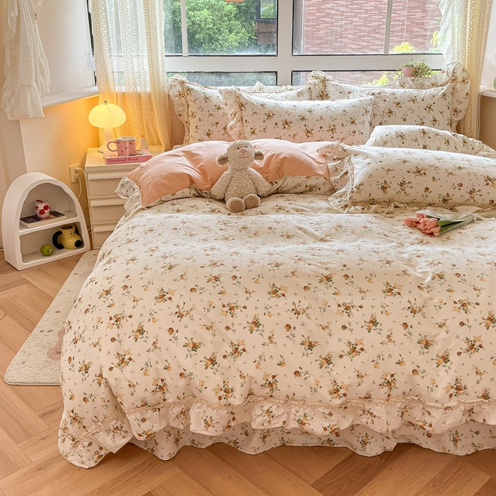 91家纺网 家纺一手货源 找家纺 艾唯希家纺 2024新款全棉韩式花边四件套纯棉公主风田园系列 浅安