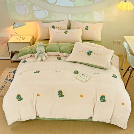 寐居家纺 2023毛巾绣牛奶绒四件套 萌宠恐龙-绿