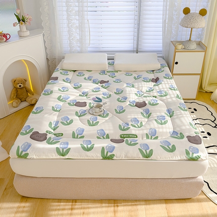 蓝冰家纺 2024新款蓝冰双层纱印花床垫 郁金香蓝