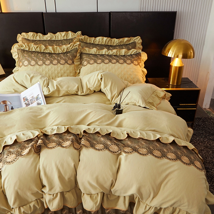 91家纺网 家纺一手货源 找家纺 罗艺轩 2024新款A类蛋白棉夹棉床裙四件套-品味人生 品味人生-黄绿