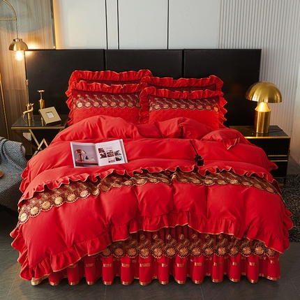 罗艺轩 2024新款A类蛋白棉夹棉床裙四件套-品味人生 品味人生-中国红