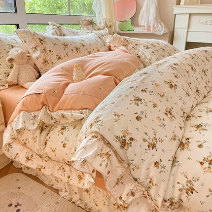 艾唯希家纺 2024新款全棉韩式花边四件套纯棉公主风田园系列 浅安