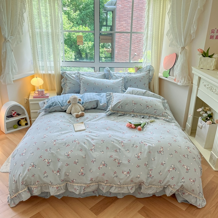 91家纺网 家纺一手货源 找家纺 艾唯希家纺 2024新款全棉韩式花边四件套纯棉公主风田园系列 点点花海