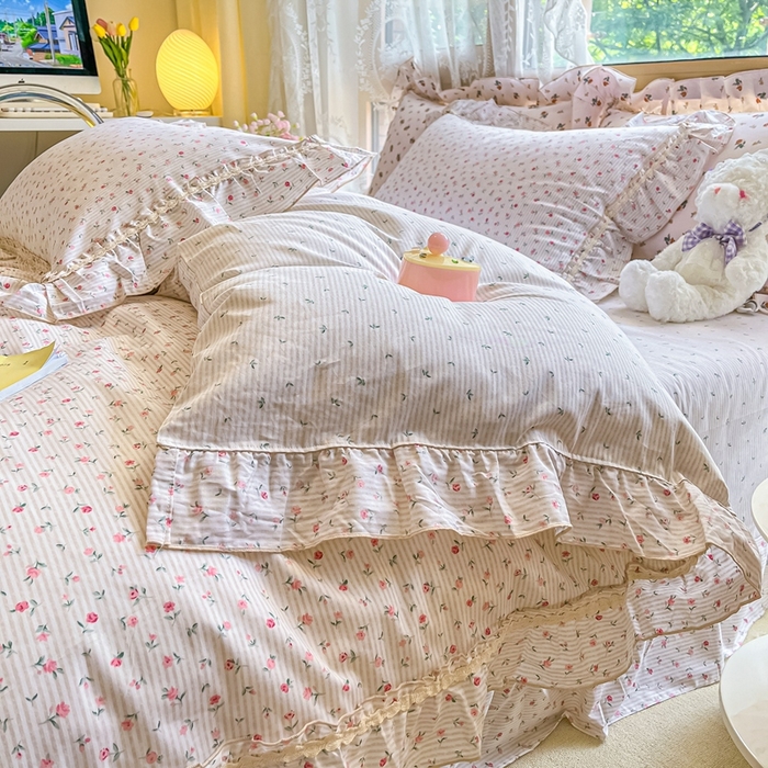 91家纺网 家纺一手货源 找家纺 艾唯希家纺 2024新款全棉韩式花边四件套纯棉公主风田园系列 春田