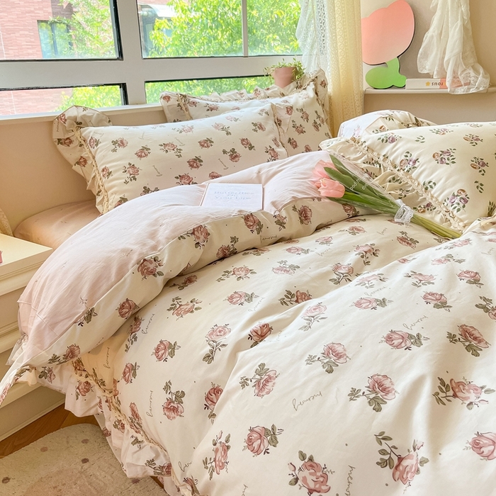 91家纺网 家纺一手货源 找家纺 艾唯希家纺 2024新款全棉韩式花边四件套纯棉公主风田园系列 伊梦