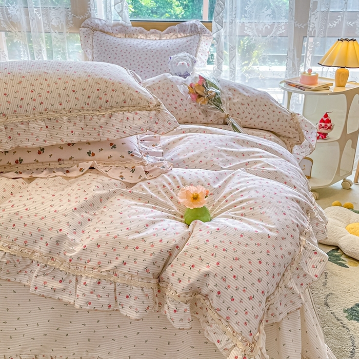 91家纺网 家纺一手货源 找家纺 艾唯希家纺 2024新款全棉韩式花边四件套纯棉公主风田园系列 春田