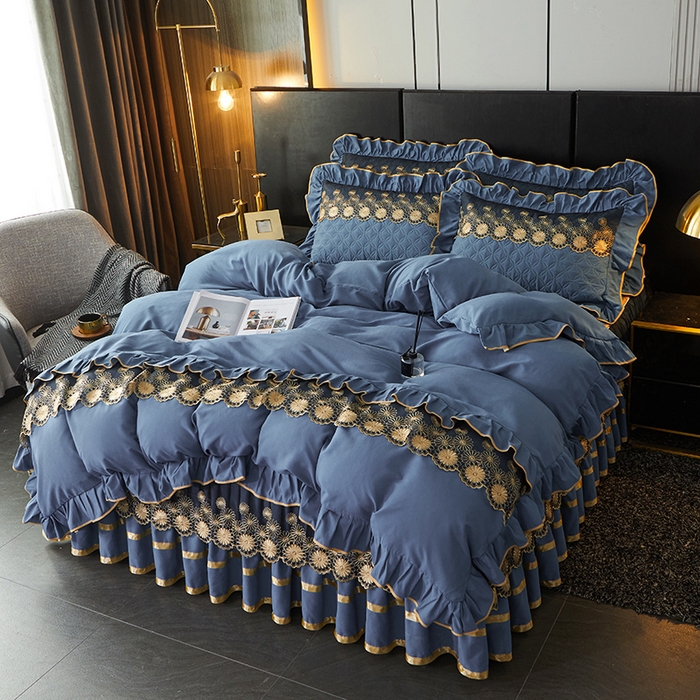 91家纺网 家纺一手货源 找家纺 罗艺轩 2024新款A类蛋白棉夹棉床裙四件套-品味人生 品味人生-宝蓝