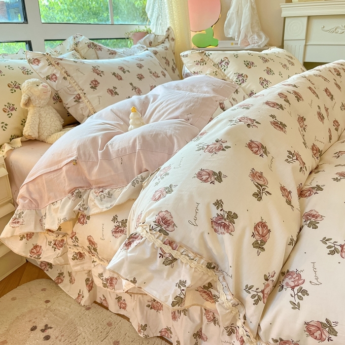 91家纺网 家纺一手货源 找家纺 艾唯希家纺 2024新款全棉韩式花边四件套纯棉公主风田园系列 伊梦