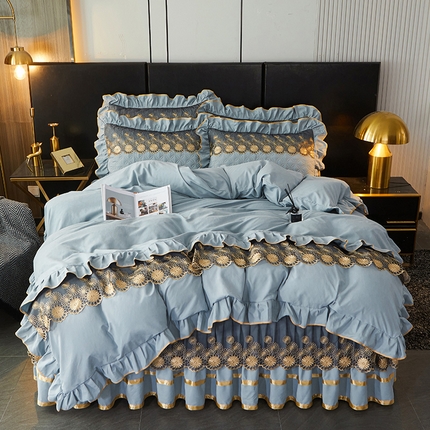 91家纺网 家纺一手货源 找家纺 罗艺轩 2024新款A类蛋白棉夹棉床裙四件套-品味人生 品味人生-湖蓝