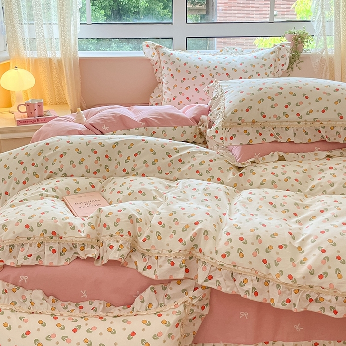 91家纺网 家纺一手货源 找家纺 艾唯希家纺 2024新款全棉韩式花边四件套纯棉公主风田园系列清新郁金香