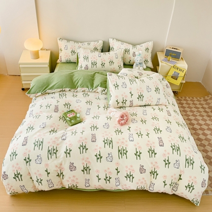 木堇 2023新款印花牛奶绒四件套 花丛小兔