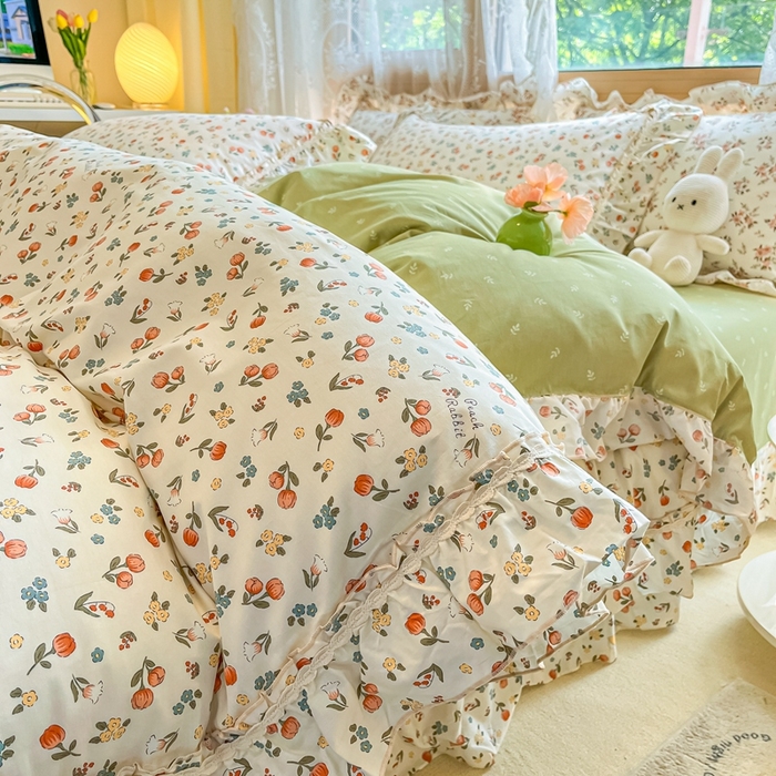 91家纺网 家纺一手货源 找家纺 艾唯希家纺 2024新款全棉韩式花边四件套纯棉公主风田园系列 元气花海