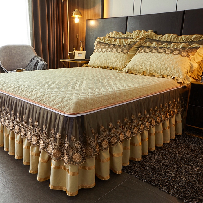 91家纺网 家纺一手货源 找家纺 罗艺轩 2024新款A类蛋白棉夹棉床裙-品味人生 品味人生-黄绿