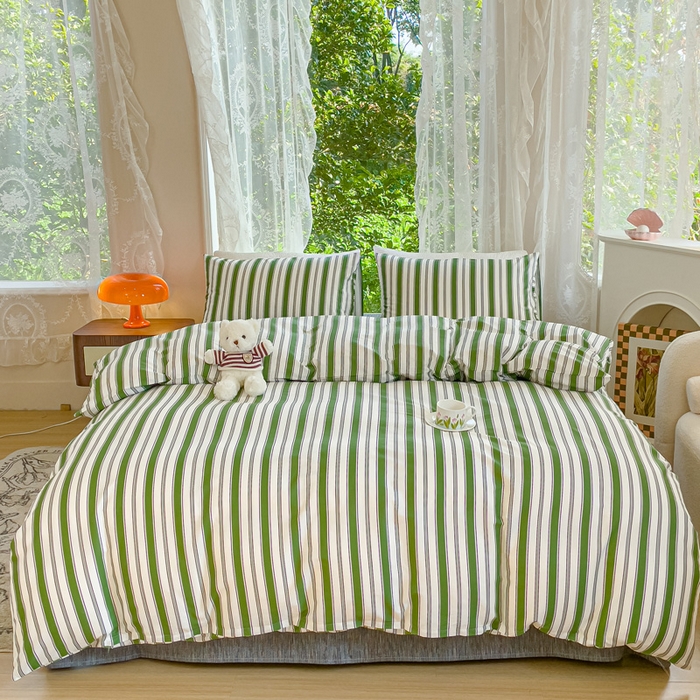 91家纺网 家纺一手货源 找家纺 感遇家纺 2023新款全棉印花四件套 绿条纹