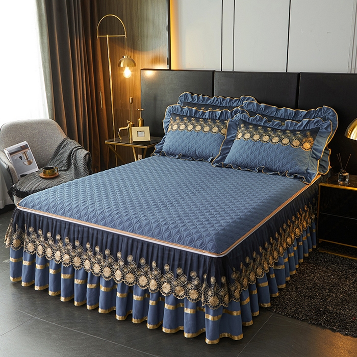 91家纺网 家纺一手货源 找家纺 罗艺轩 2024新款A类蛋白棉夹棉床裙-品味人生 品味人生-宝蓝