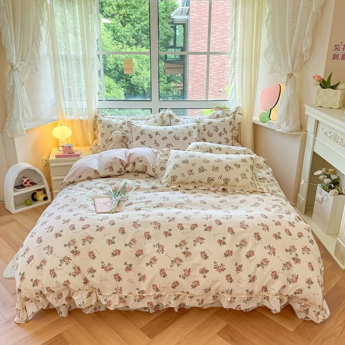 91家纺网 家纺一手货源 找家纺 艾唯希家纺 2024新款全棉韩式花边四件套纯棉公主风田园系列 伊梦