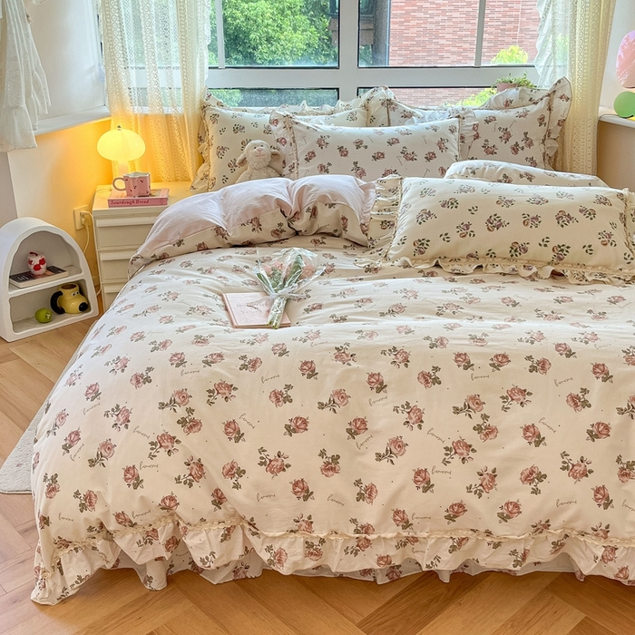 91家纺网 家纺一手货源 找家纺 艾唯希家纺 2024新款全棉韩式花边四件套纯棉公主风田园系列 伊梦