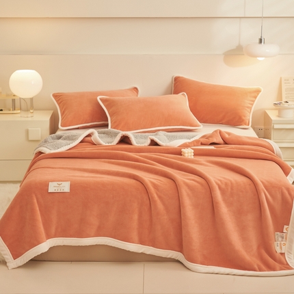 21度C 2023新款云朵贝壳纯色牛奶绒+羊驼绒双层加厚复合毯 云朵-桔红