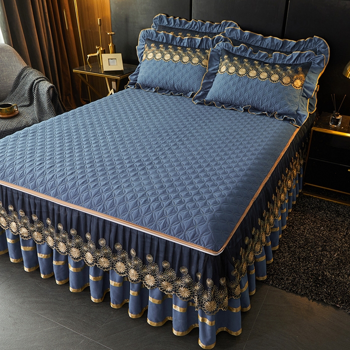 91家纺网 家纺一手货源 找家纺 罗艺轩 2024新款A类蛋白棉夹棉床裙-品味人生 品味人生-宝蓝