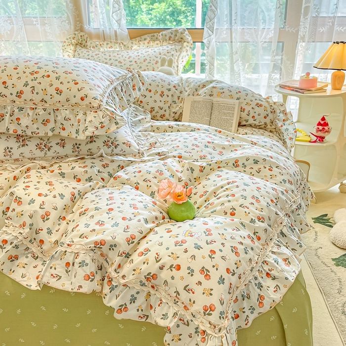 91家纺网 家纺一手货源 找家纺 艾唯希家纺 2024新款全棉韩式花边四件套纯棉公主风田园系列 元气花海