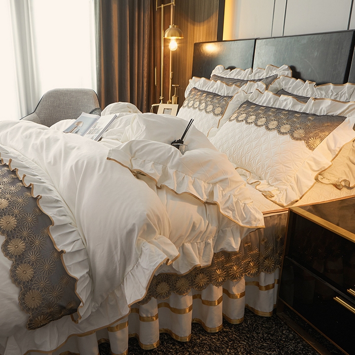 91家纺网 家纺一手货源 找家纺 罗艺轩 2024新款A类蛋白棉夹棉床裙四件套-品味人生 品味人生-珍珠白