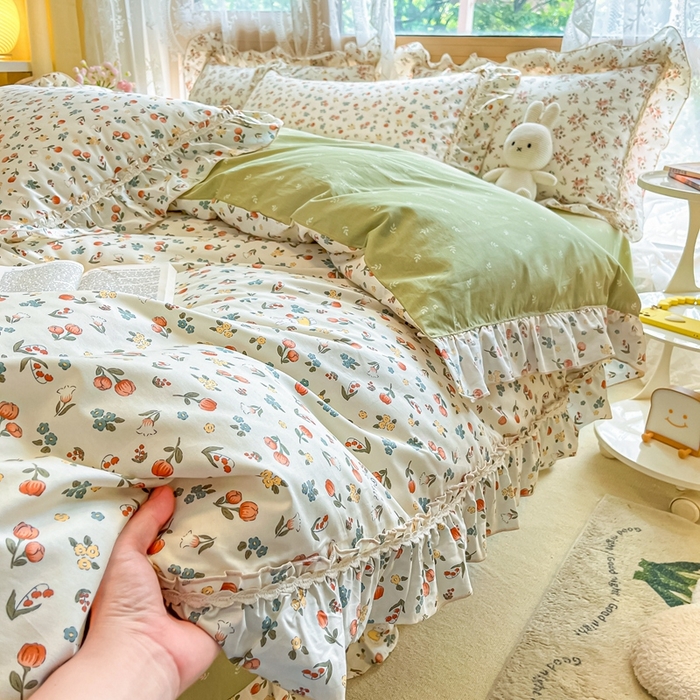 91家纺网 家纺一手货源 找家纺 艾唯希家纺 2024新款全棉韩式花边四件套纯棉公主风田园系列 元气花海