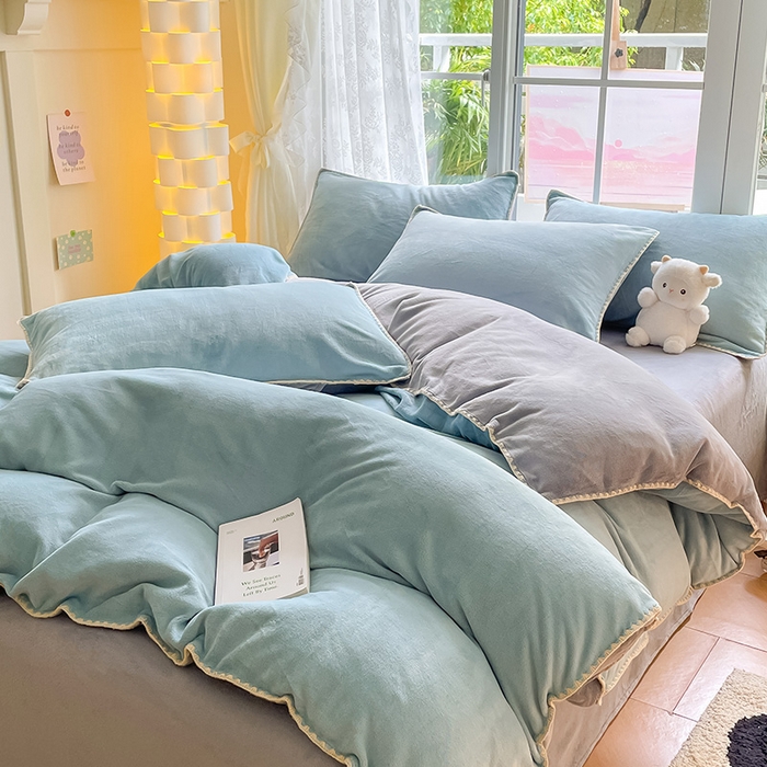 91家纺网 家纺一手货源 找家纺 （总）眠帛 2023新款纯色混搭牛奶绒贝壳边保暖四件套