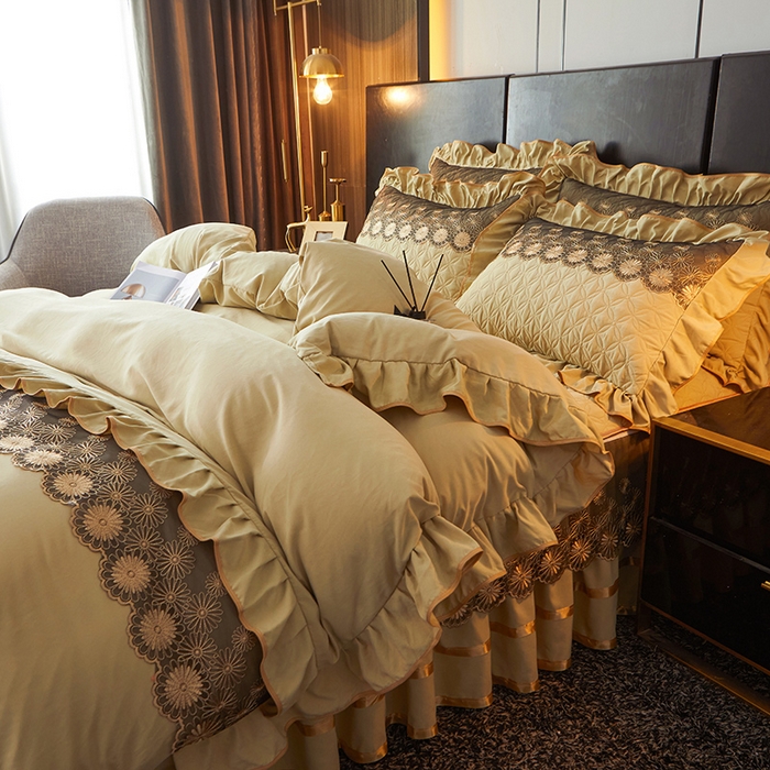 91家纺网 家纺一手货源 找家纺 罗艺轩 2024新款A类蛋白棉夹棉床裙四件套-品味人生 品味人生-黄绿